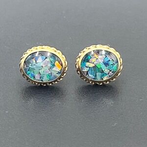 Vintage 14K Yellow Gold 585 Oval Opal Stud Earrings Twisted Rope Bezel 1.4g